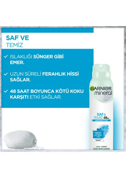Garnier Mineral Saf ve Temiz Unisex Sprey Deodorant 150 ml 48 Saat Etkili Alkol İçermeyen Ferah Koku - 4