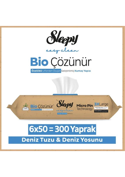 Sleepy Bio Çözünür Yüzey Temizlik Havlusu&Mendili Deniz Tuzu&Yosun 6x50 (300 Yaprak)
