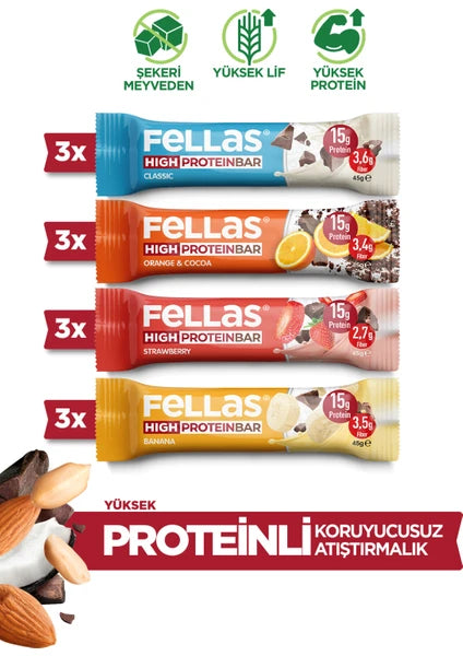 Fellas Yüksek Protein Bar (45 g) Karma Kutu - 12 Adet (4 Çeşit)