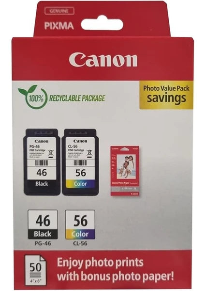 Canon PG-46 CL-56 Multipack 2'li Mürekkep Kartuş 50 adet 10x15 Fotoğraf Kağıdı Hediyeli