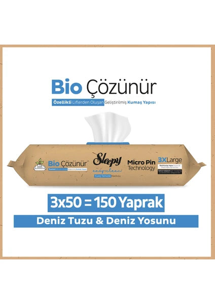 Sleepy Bio Çözünür Yüzey Temizlik Havlusu&Mendili Deniz Tuzu&Yosun 3x50 (150 Yaprak)
