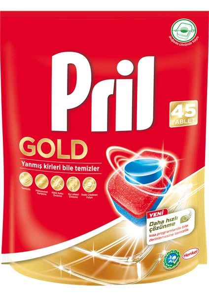 Pril Gold 45 Yıkama Tablet Bulaşık Makinesi Deterjanı Kolay Çözünme ve Ferah Koku