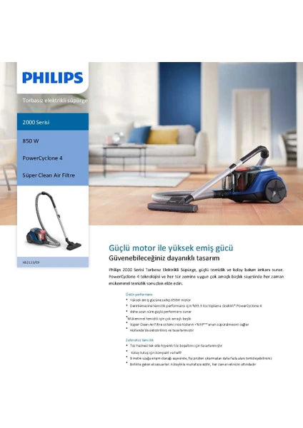 Philips 2000 Serisi Torbasiz Elektrikli Süpürge, 750W, PowerCyclone 4, Super Clean Air Filtre, Kompakt ve Hafif, XB2123/09 - 7