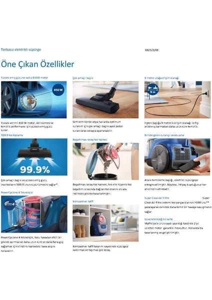 Philips 2000 Serisi Torbasiz Elektrikli Süpürge, 750W, PowerCyclone 4, Super Clean Air Filtre, Kompakt ve Hafif, XB2123/09 - 8