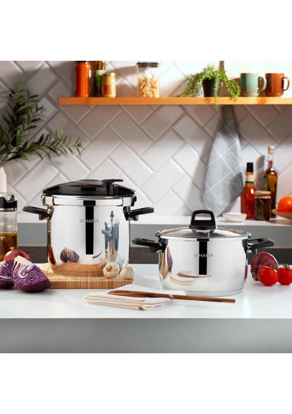 Schafer Cooky Düdüklü Tencere Seti 4+6,5 L Paslanmaz Çelik Siyah/Gri Renkli Güçlü Pişirme - 5