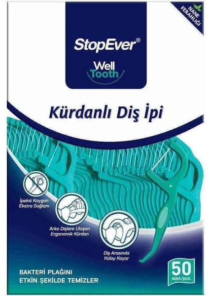 StopEver Kürdanlı Diş İpi Bakteri Plakını Etkin Şekilde Temizler 50 Adet