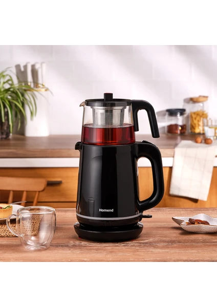 Homend Royaltea 1744H Siyah Çay Makinesi 1 Litre Cam Demlik ve Plastik Gövde ile